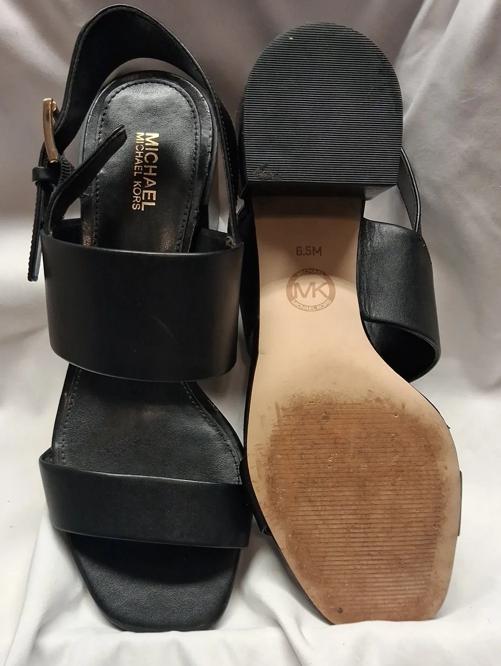 Michael Kors Black Leather Double-Strap Sandals with Gold Buckle